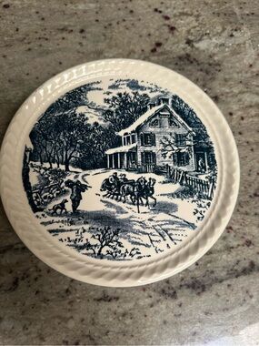 Currier & Ives Blue Transferware Winter Scene Plates - set of 3
